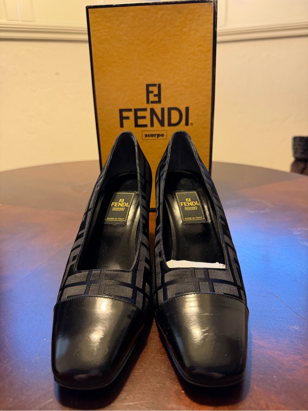 Vintage Fendi Zucca Black Jacquard Patent Cap-Toe Block Heel Pumps Sz 37.5